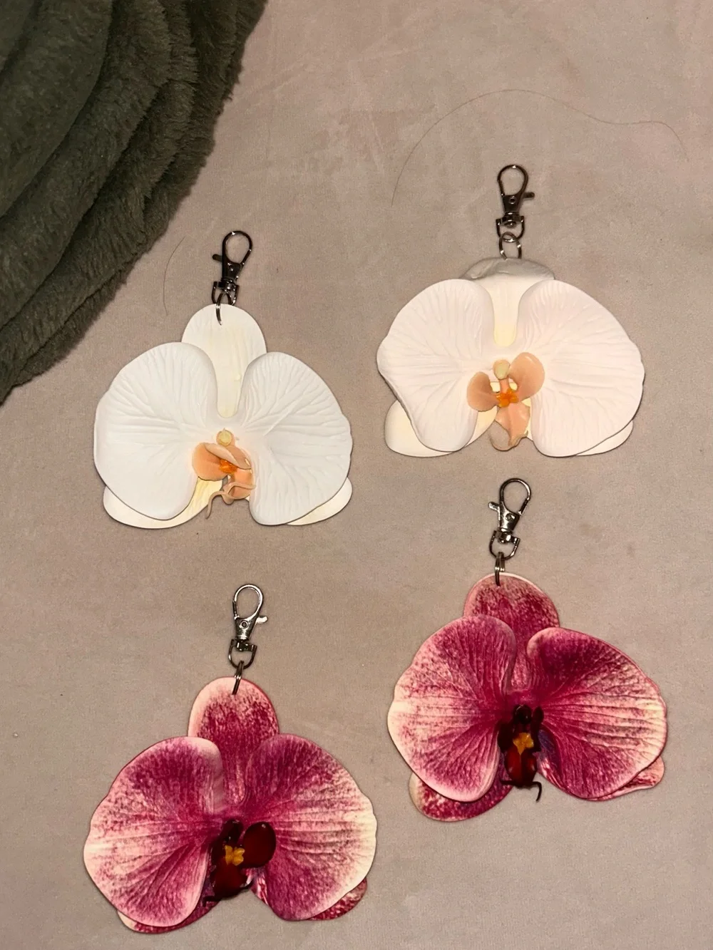 4 Orchid Flower Keychain Charm - 2 White and 2 Pink